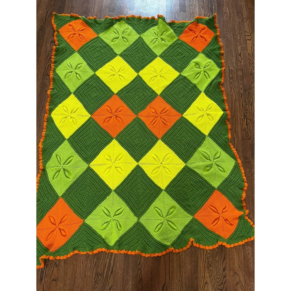 Vtg Handmade Knit Blanket Throw Granny Yellow Green Orange Squares Crochet 61x76
